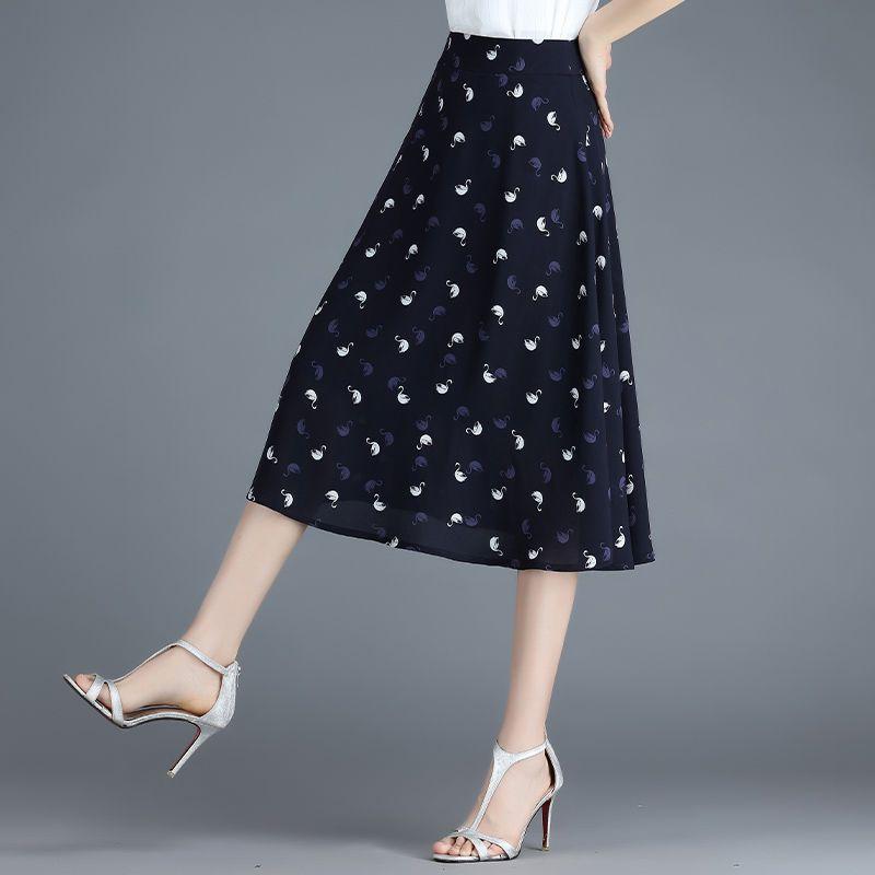 Women's Summer Floral Chiffon A-line Skirt High Waist Slimming Mid Length Pleated Skirt Skirt