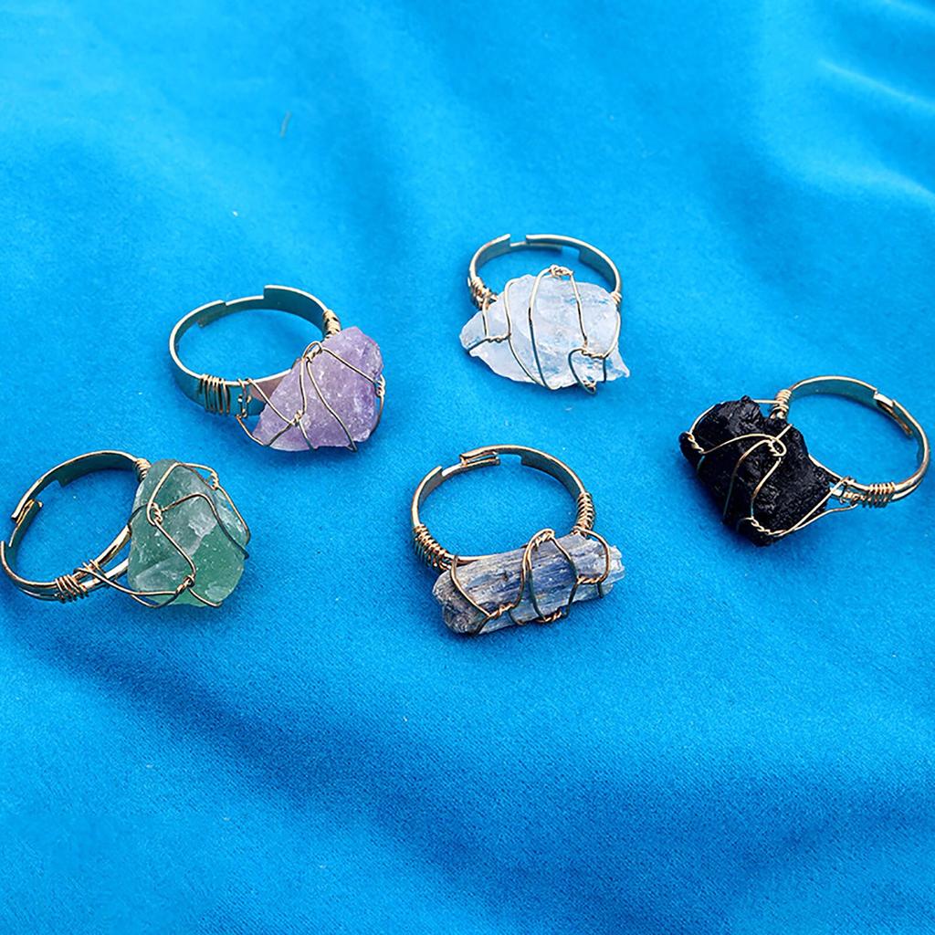 Natural Crystal Stone Rings Irregular Wire Wrap Women Men Healing Amethysts Fluorite Gold-color Resizable Quartz Ring Jewelry