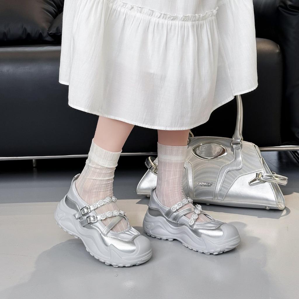 Leather sports Mary Jane shoes women's 2025 summer new thick-soled shallow mouth rhinestone fashion casual single shoes sandals