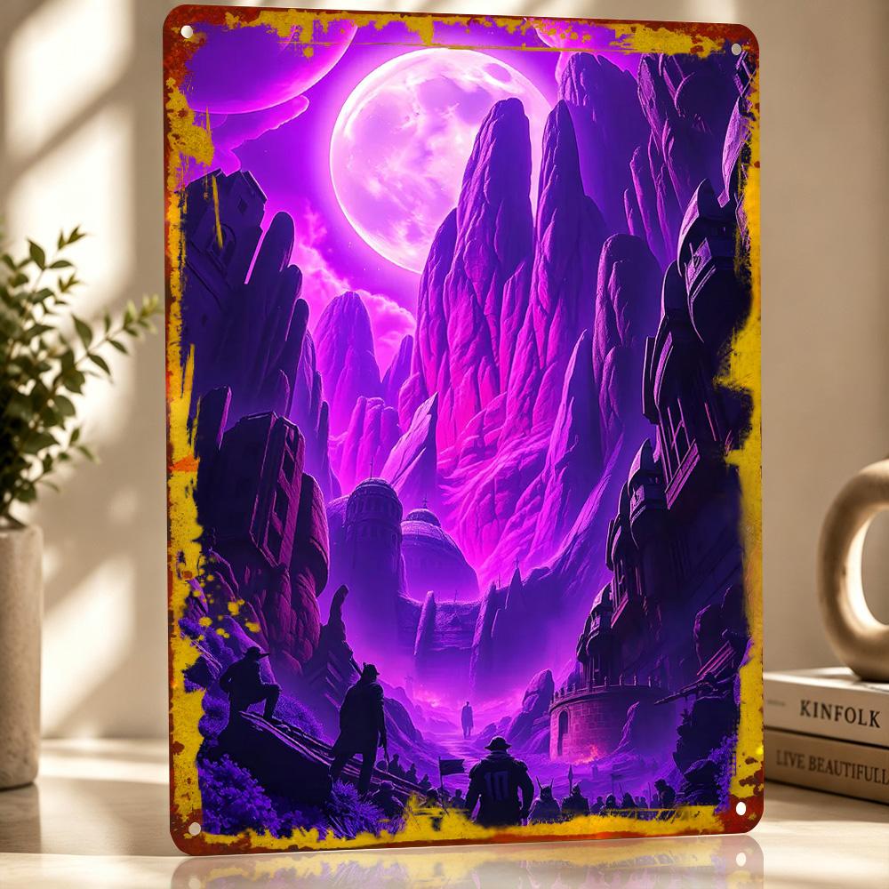 Purple Mountain Fantasy Personalized D Textured Metal Poster Wall Art Tinplate Sign for Decoration Room Decorating Interior