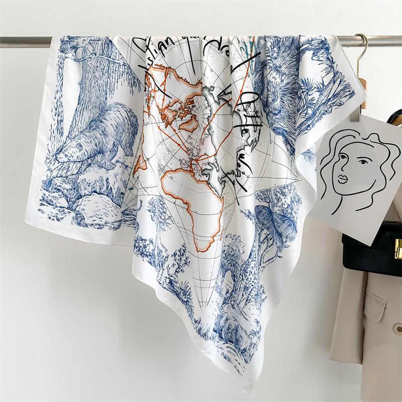 Striped Twill Silk Scarf: Large Square Shawl & Sunscreen Travel Headscarf - 90cm, Perfect for Spring & Autumn