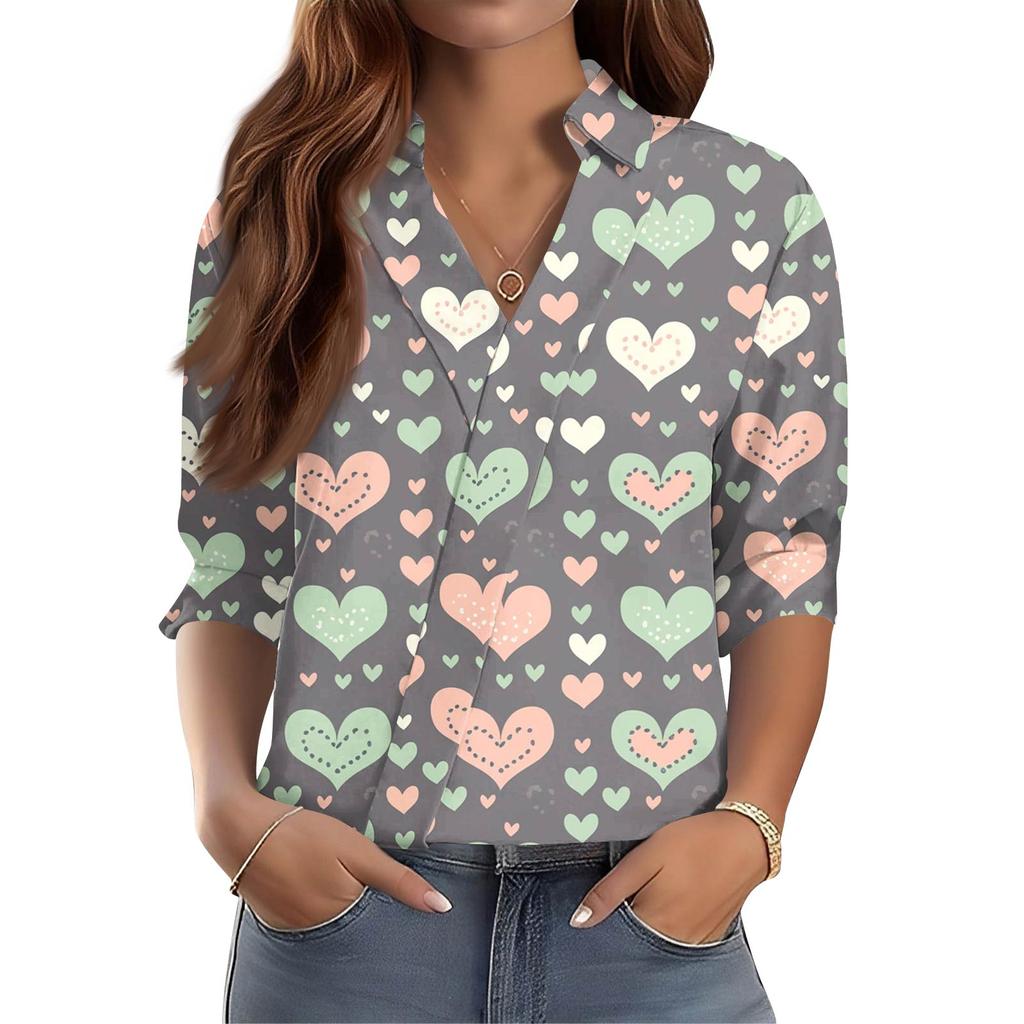 Damen 3/4-Ärmel V-Ausschnitt Hemd Bedruckte Arbeitskleidung Lässig Regulär Hemdkragen Oberteil