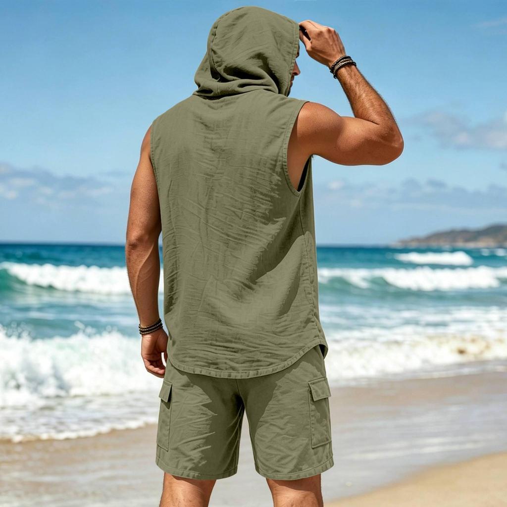 Men's Linen Hooded Shirt & Shorts Two-Piece Summer Set in Stock