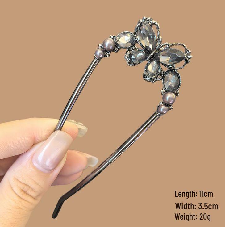 Épingle à cheveux vintage en forme de U avec pompon paon pour femmes - Épingle à chignon nacrée pour Cheongsam et Hanfu