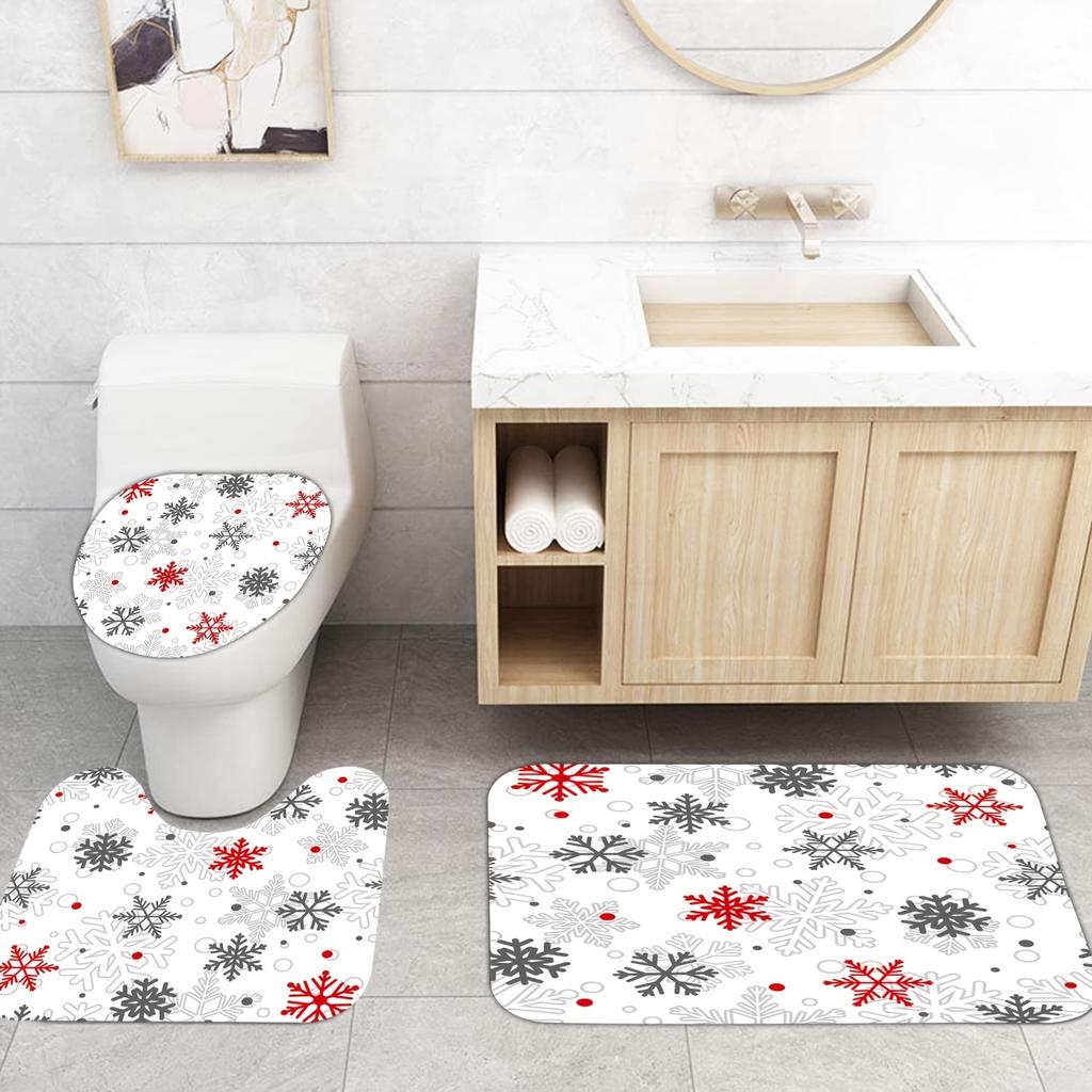 4Pcs Luxury Merry Christmas Shower Curtain Sets for Bathroom Non-Slip Bathroom Rugs Lid Toilet Cover Bath Mat