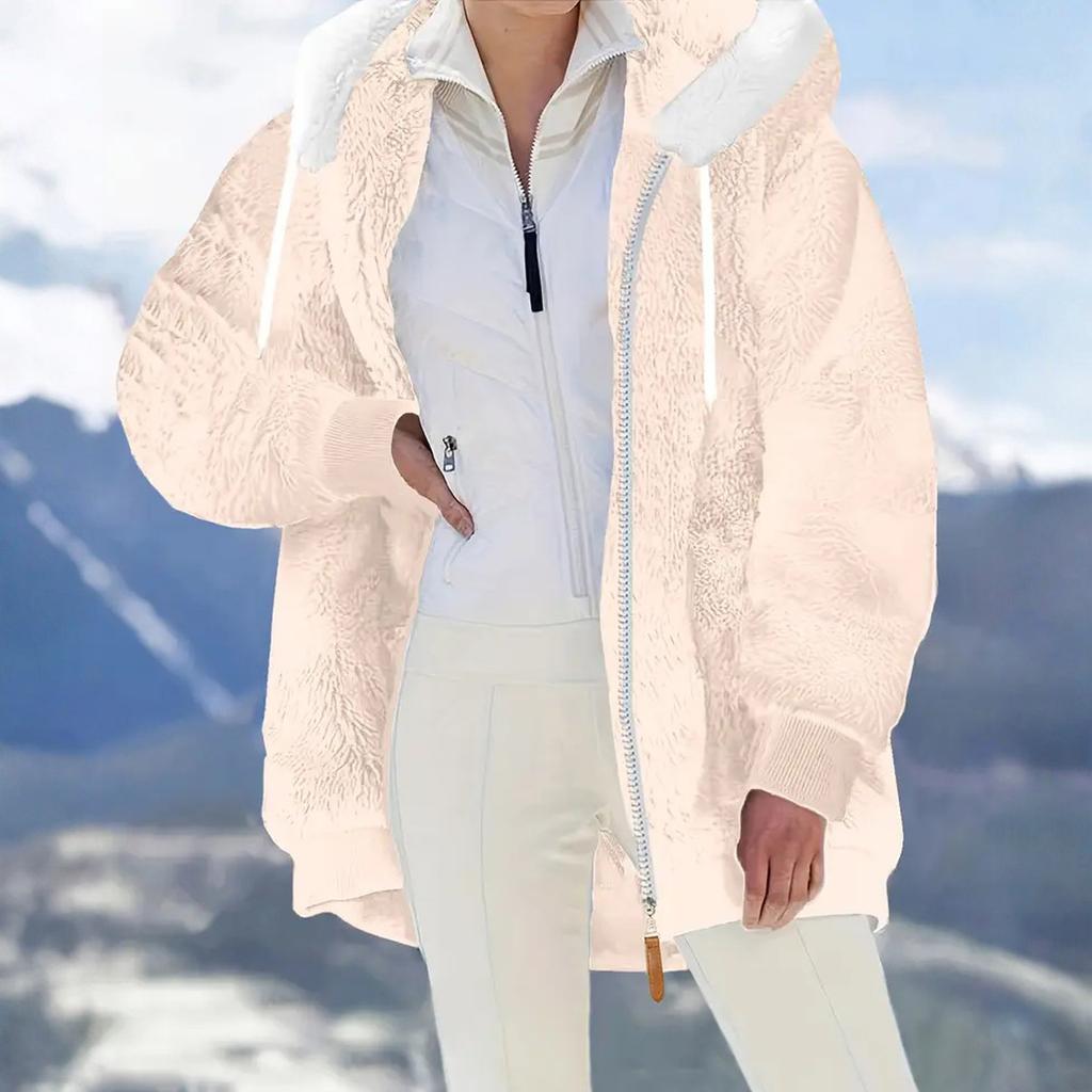 Women's Fashionable Plush Zipper Pocket Hooded Long Sleeved Loose Warm Jacket
