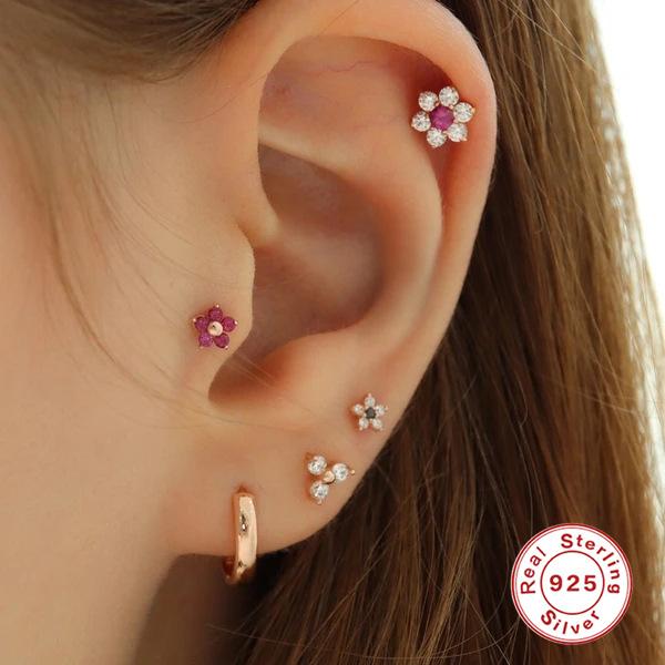 Light Luxury S925 Sterling Silver Wind Five-Petal Flower Diamond Thread Perforated Earrings Piercing