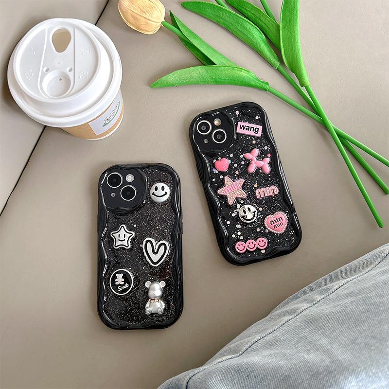 For Apple 17 Promax Five-pointed Star Love Phone Case for IPhone 16 Bear Glitter Sequins Smiley Face Female Model