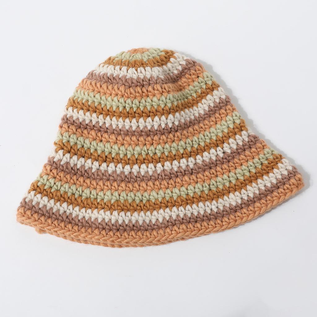 Pure Hand-Woven Bucket Hat Summer Rainbow Color Splicing Straw Hat Hollow Crochet Hat Foldable Sunshade Basin Hat