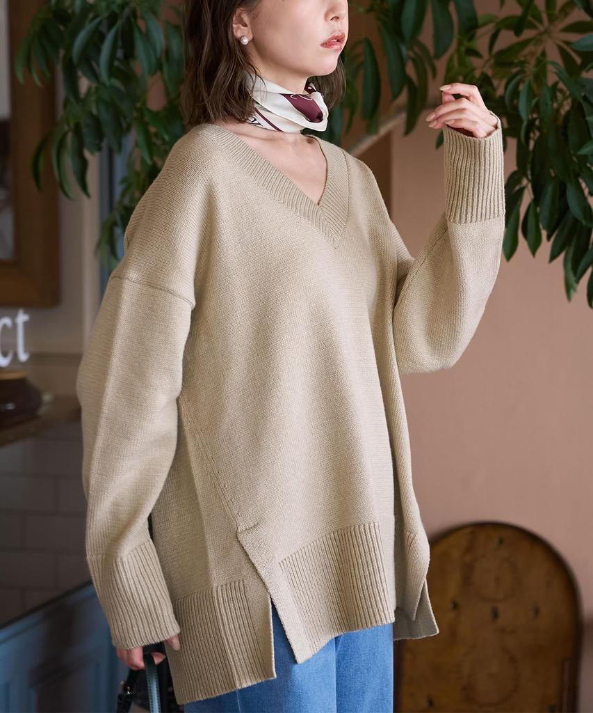 ROPE PICNIC Knit Pullover Knit Beige [WEB Exclusive] Mid-Gauge V-Neck Pullover/Anti-Static/Machine Washable, Women's, GDM64010, (27)