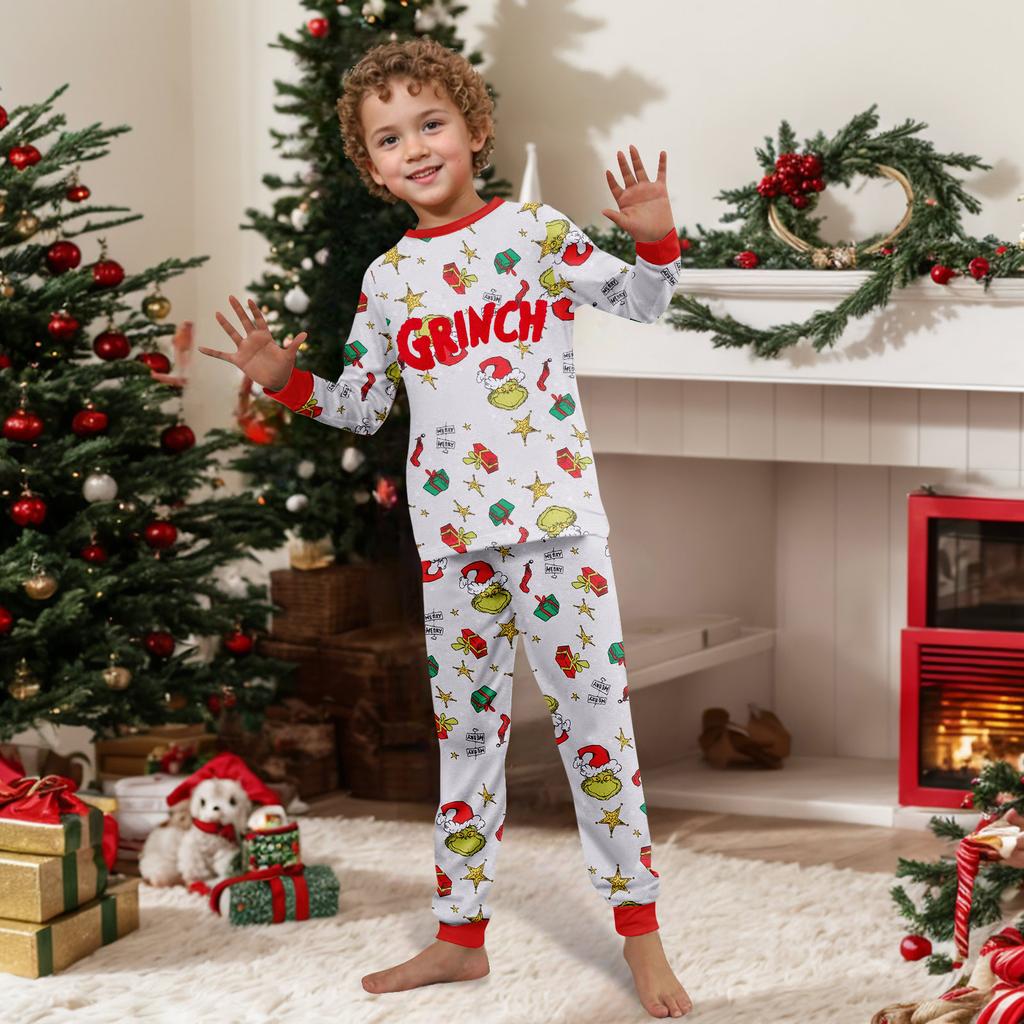 Print Cute Family Set Pajamas, Home Clothes, Family Set Long Sleeve Top Pants Set