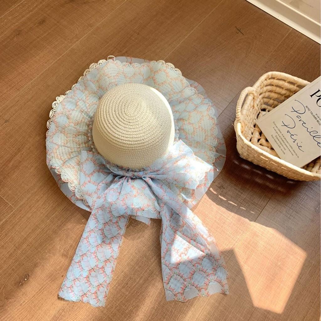 Forest Style Straw Hat With Large Brim And Pearl Butterfly Bow For Summer Beach Sun Protection