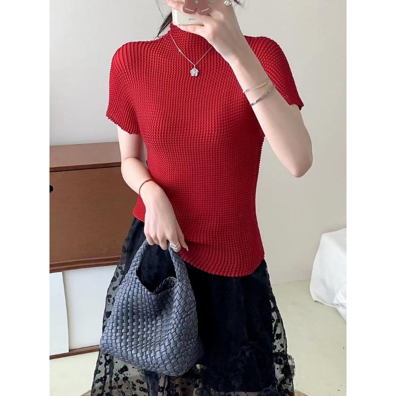 Vintage Wrinkled Short Sleeve Women  High Neck Slim Fit Summer Magic Casual Thin Top