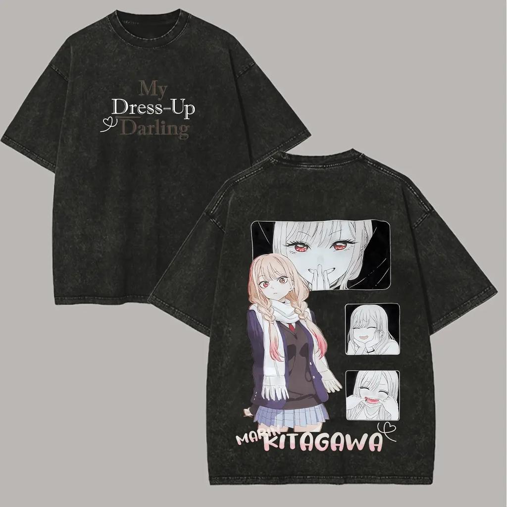 My Dress-Up Darling Kitagawa Marin T-shirt Men Clothing Anime Washed Oversized T Shirt Summer Short Sleeve Cotton Tees Tops