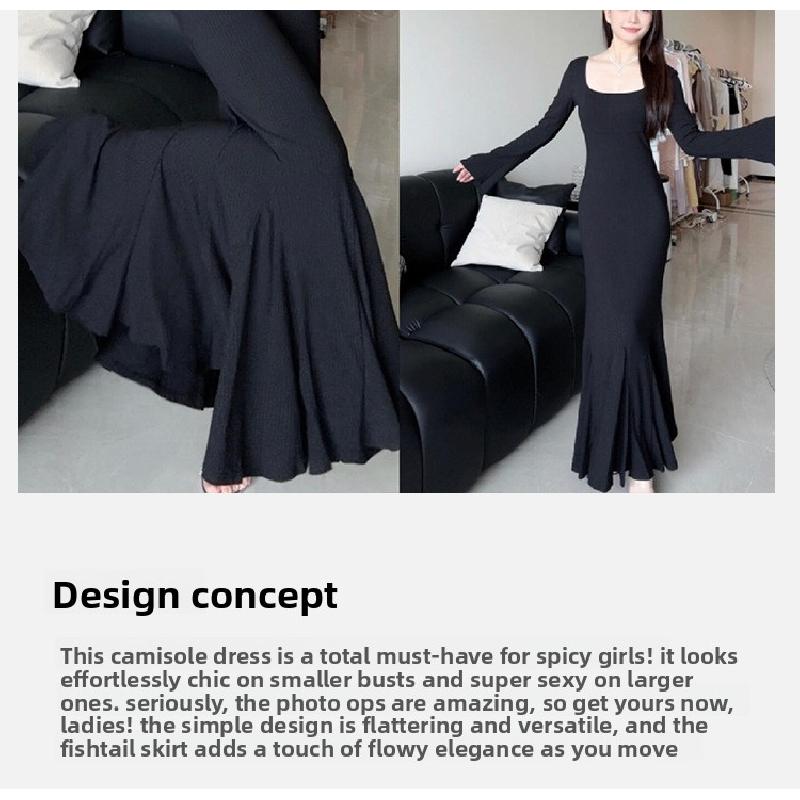Black slim-fit square-neck French-style fishtail dress with inner slip dress for women, spring and autumn 2026 new model dress