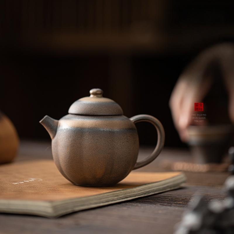200ml Gilded Iron Glazed Old Rock Mud Pumpkin Teapot Handmade Rough Pottery Vintage Tea Kettle Tea Making Tea Ceremony