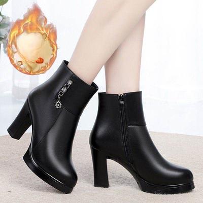 Women Cotton Shoes Autumn/winter Season Soft Leather Mid-high Heel Fleece-lined Ankle Boots Ladies Cotton Boots Black Round Head