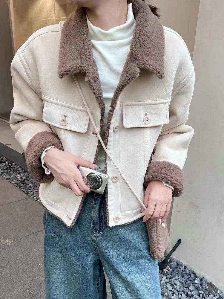 2024 Women's Petite Lambswool Short Jacket: Autumn/Winter Warm Turn-Down Collar Leather & Fur Slimming Top
