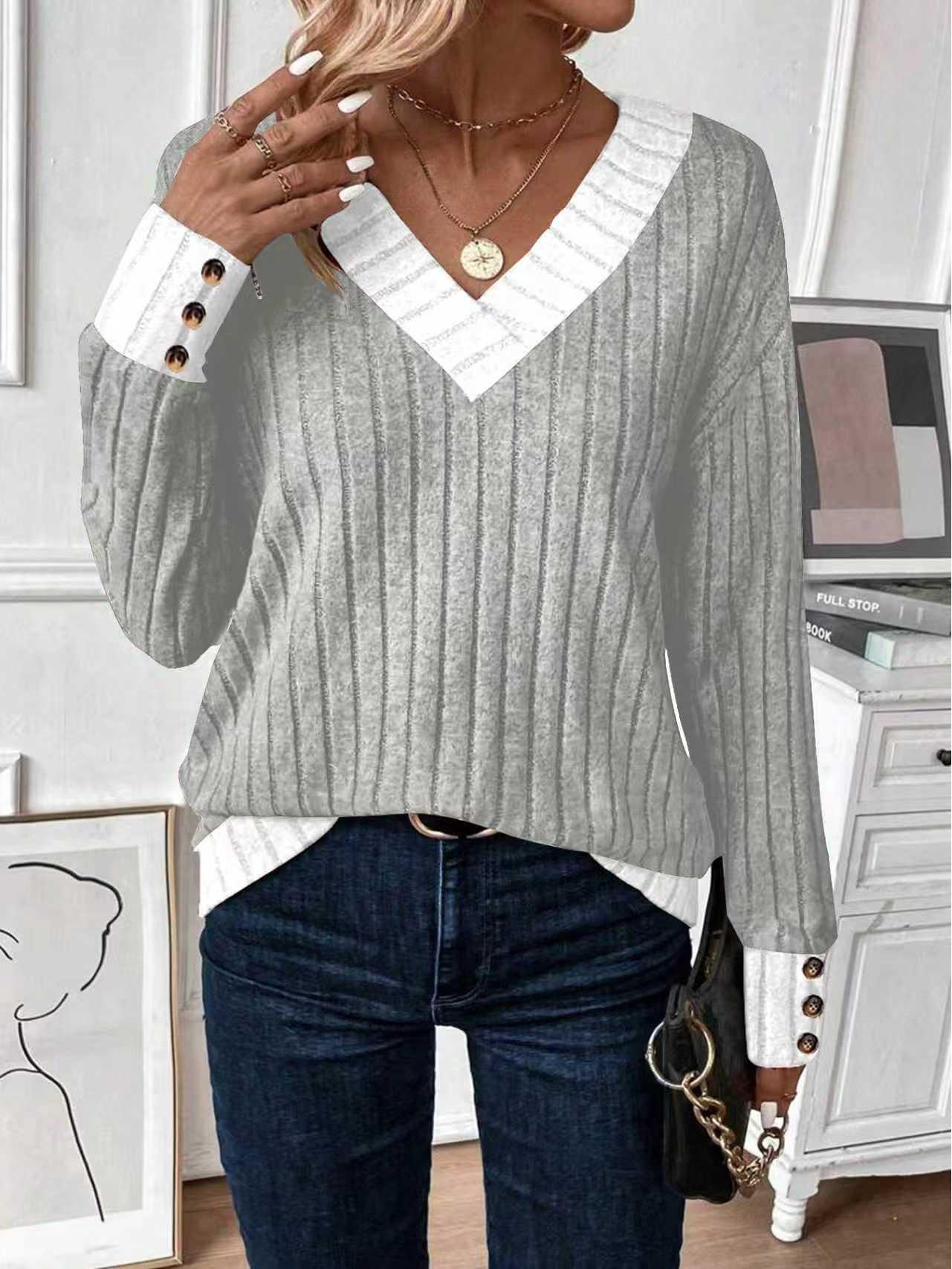 

2026 Spring Autumn Women s Casual V-neck Solid Patchwork Long Sleeve 2XL сірий колір