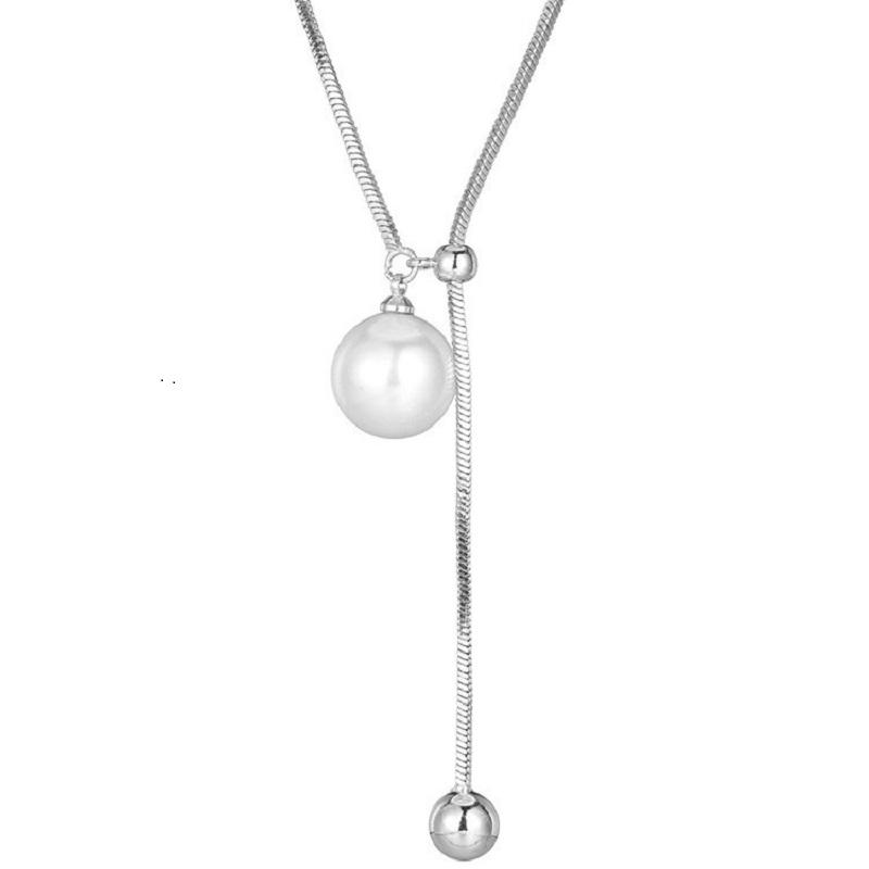 Fashion Zinc Alloy Color Pearl Tassel Necklace For Women Simple Metal Snake Bone Chain Pull Adjustable Sweater Chain Zircon Gifts