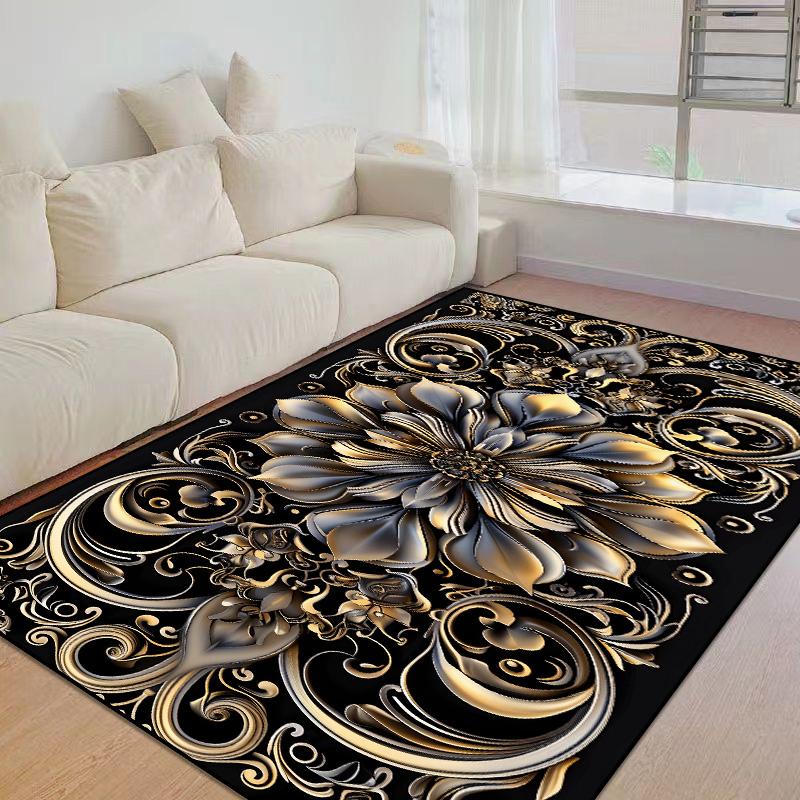 European Home Luxury Golden Flowers Living Room Decor Sofa Carpet Washable Rugs for Bedroom Black Gold Lounge Coffee Tables Mat