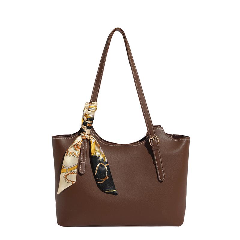 

Women s Large Capacity Tote Bag with Scarf Decoration and Lychee Grain - Crossbody Solid Color Fashion Accessory кофейный