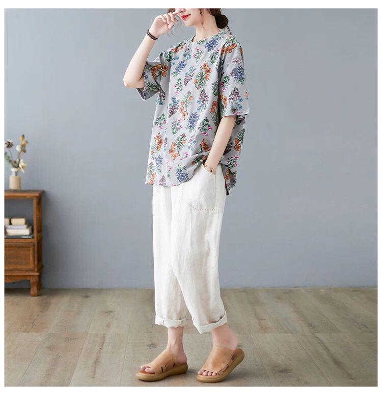 Floral Short-sleeved T-shirt Women's Plus Size Women's Spring and Summer Bottoming Shirt Casual Literary Blouse Loose and Thin