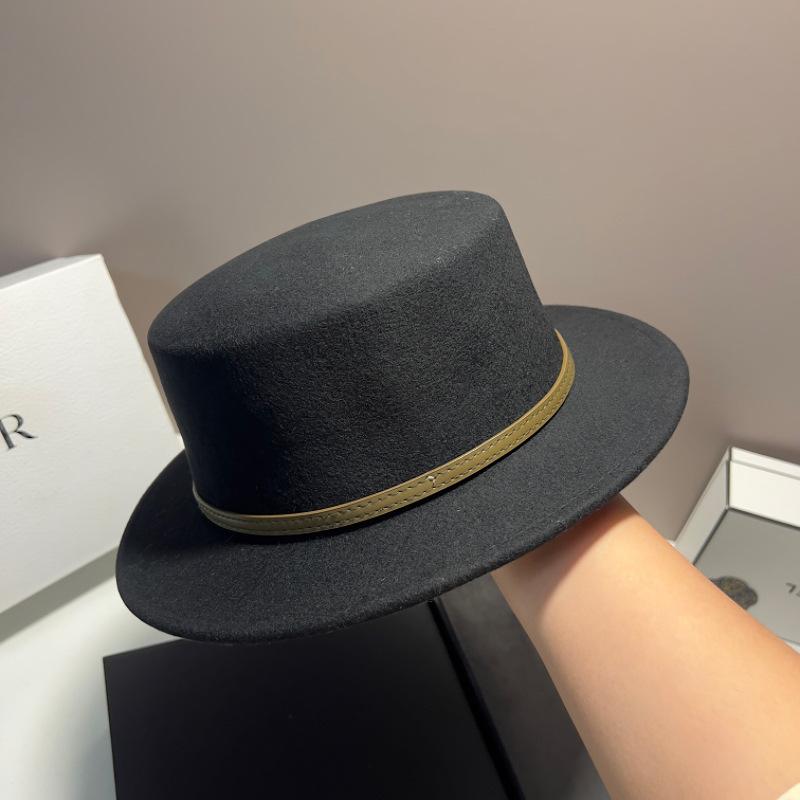 Australian wool woolen flat top top hat women's autumn and winter versatile flat-brimmed felt hat belt buckle contrasting color British jazz hat