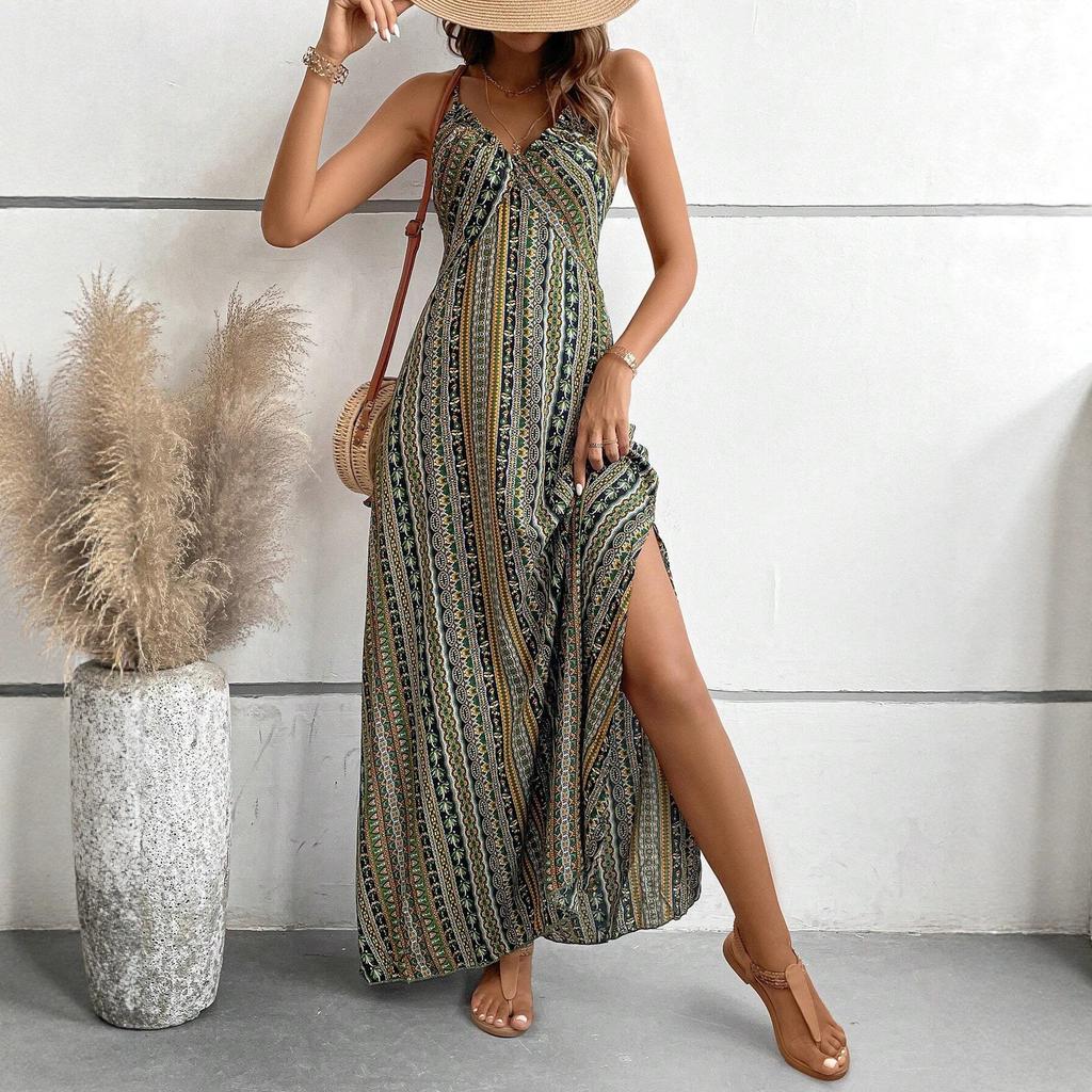 European and American Women's Clothing Bohemian Long Suspender Slim Slim Slim Split Design Dress Women