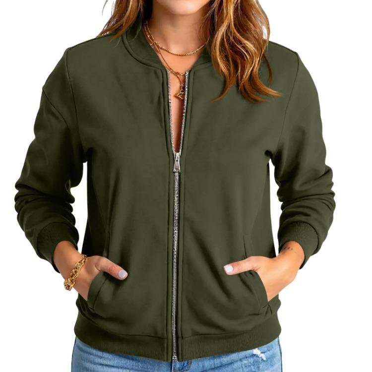 Fashionable Casual Jacket Women Solid Color Zipper Top Outerwear