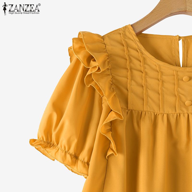 ZANZEA Damen Sommerbluse mit Rundhalsausschnitt, kurzen Ärmeln, gestreift, Rüschen