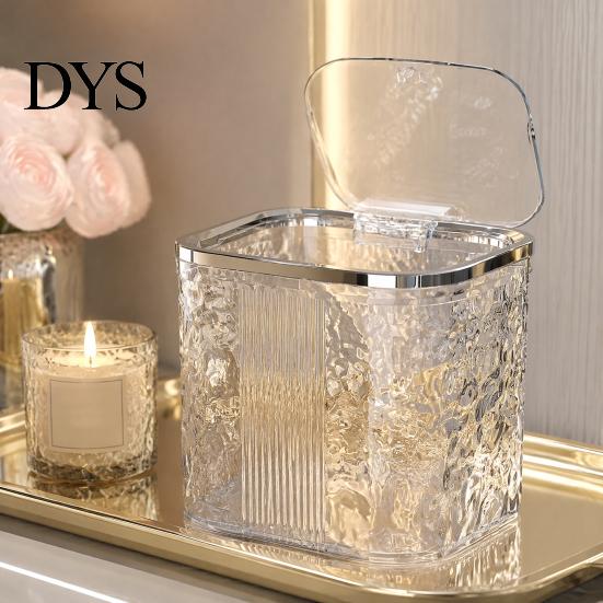 Compact Trash Can for Bedroom Desktop with Pop-Up Lid, Transparent Glacier Texture Small Waste Mini Plastic Bin Vanity Bin, Garbage Container Bathroom