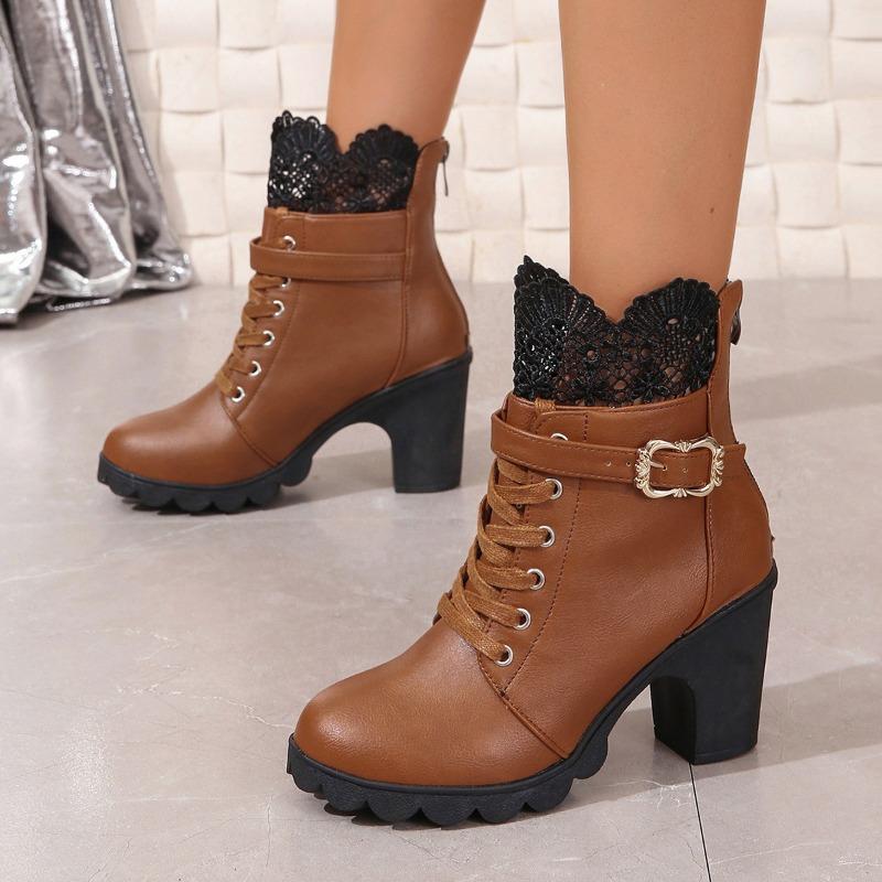 Autumn and winter fashion large size short boots Martin boots women's thick heel waterproof table lace lace 42 fashion boots
