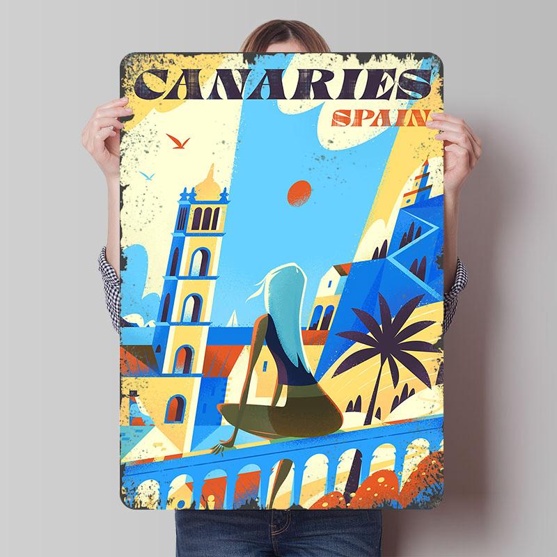Canaries Spain Travel Poster Customized Wall Art Vintage Metal Signs Retro Tin Plaque for Man Cave Bathroom Decor Wand Deko Room