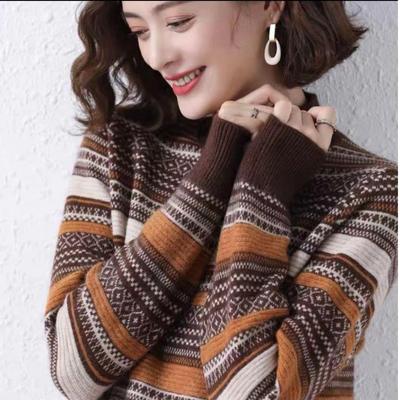 Striped Autumn and Winter Retro Jacquard Fashionable Women's Knitted Pullover Sweater