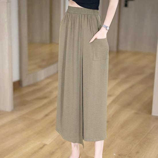 Dámské letní kalhoty elastické s vysokým pasem široké nohavice dlouhé kalhoty jednobarevné rozparkované manžety volný střih sukně kalhoty denní nošení