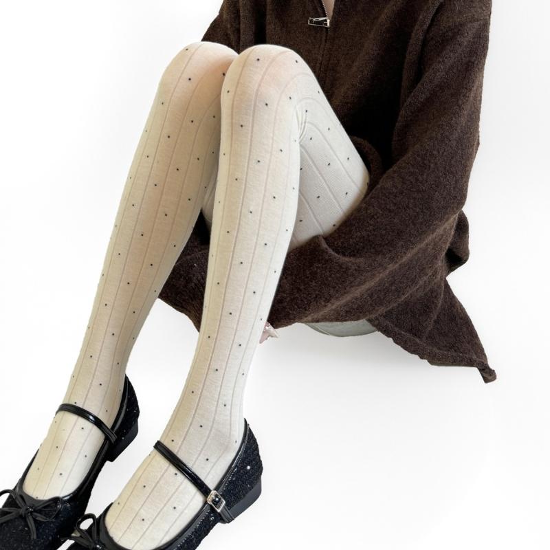 Women's High Waist Thermal Winter Fall Opaque Tights Dots Pattern Elastic Waistband Soft Cotton Ribbed Fabric Pantyhose
