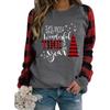 Women's Fashion Plaid Patchwork Christmas Print Round Neck Long Sleeve T-Shirt Top