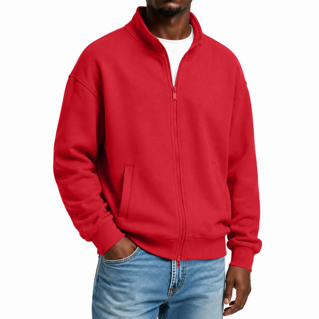 Men's Stand Collar Long Sleeve Zip-Up Sweatshirt with Two-Way Zipper for Spring and Fall