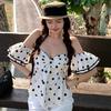Summer New French Pure Lust Sexy Ruffle Edge Polka Dot Shirt Slim Off-the-shoulder One-word Shoulder Top