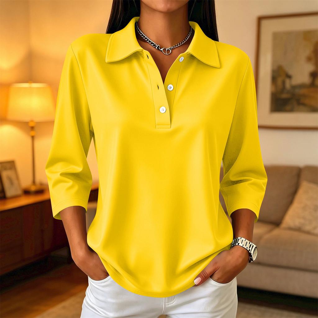 Damen Freizeit-Bluse mit Knopfleiste, 3/4-Ärmeln und Kragen für den Alltag