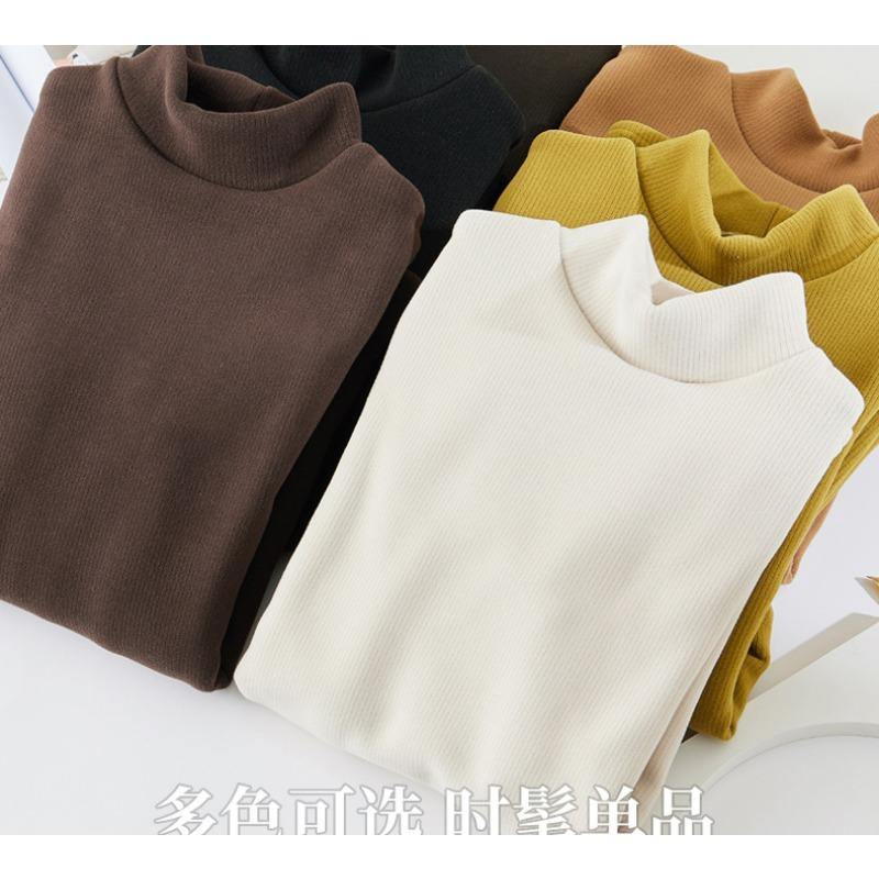Herbst Winter Hoher Kragen Einfarbig Unterteilter Pullover Top Damen Langarm Lässig Mode Samt Warmes T-Shirt Tee