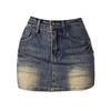 Women's High-Waist American Retro Embroidered Blue Denim A-Line Skirt - Slim Fit Summer Style