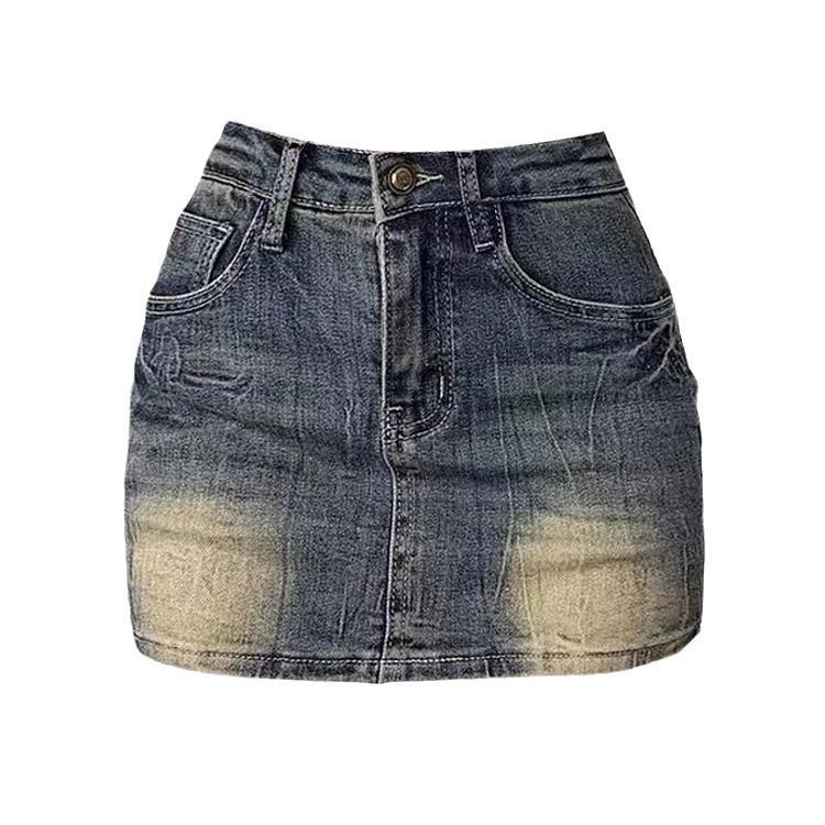 Women's High-Waist American Retro Embroidered Blue Denim A-Line Skirt - Slim Fit Summer Style