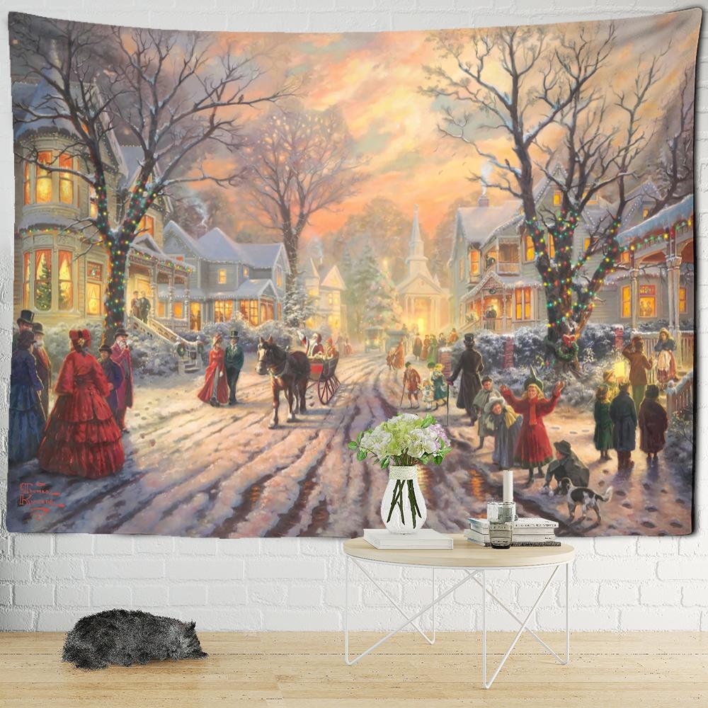 Christmas Snowy Night Travel Map Tapestry Wall Hanging Psychedelic Forest House Illustration Home Living Room Decor