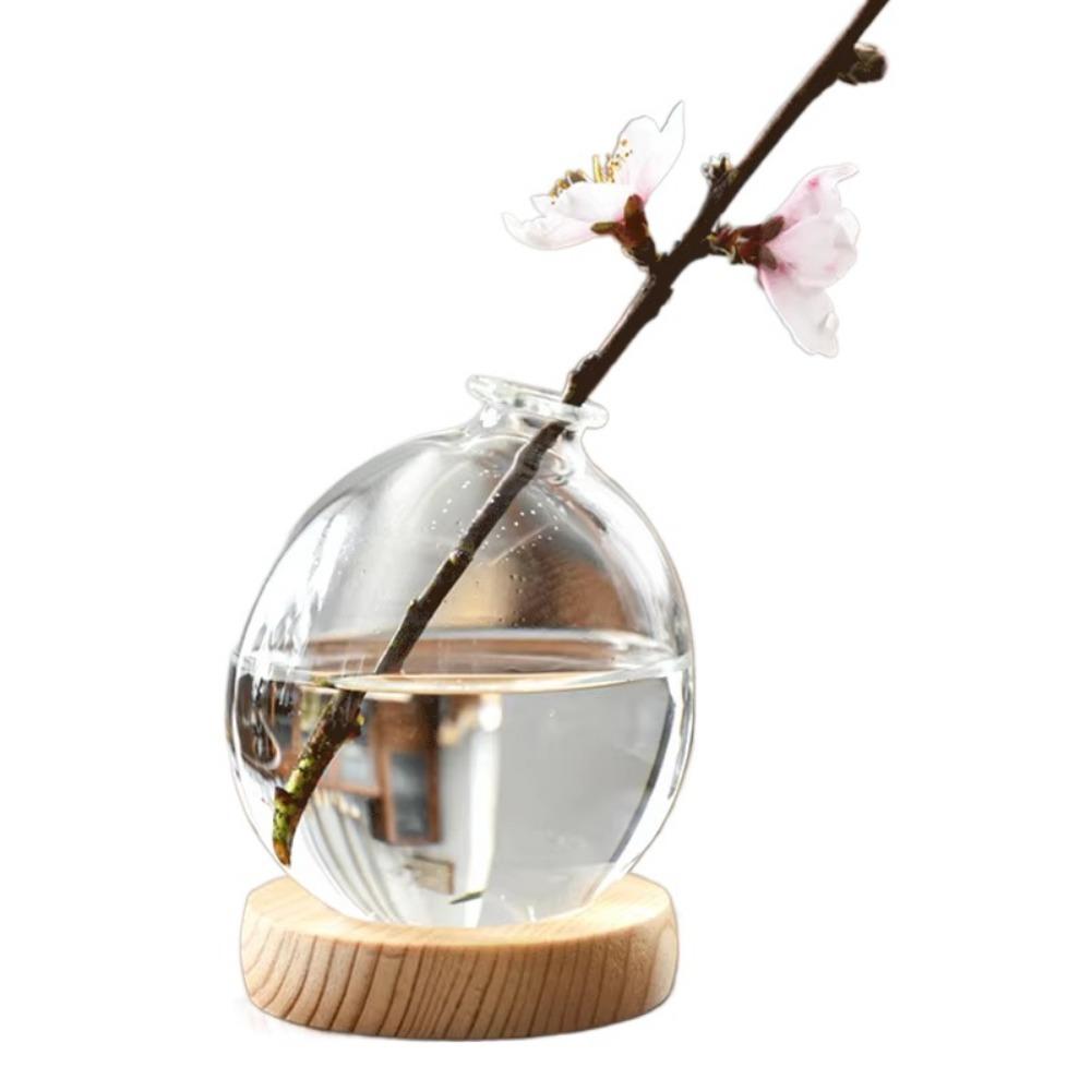 Transparent/Pink Creative Bubble Glass Vase With Wood Base Desktop Decorating Flowerpot  Home