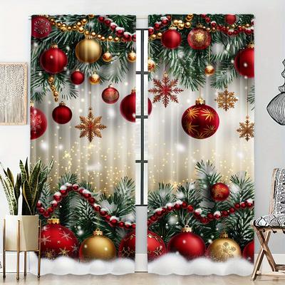 2 pezzi/Set Festivo Rosso Palla di Natale e Foglia Verde Stampa Motivo Neve Bianca Tende - Perfette per Soggiorno, Camera da Letto, Cucina