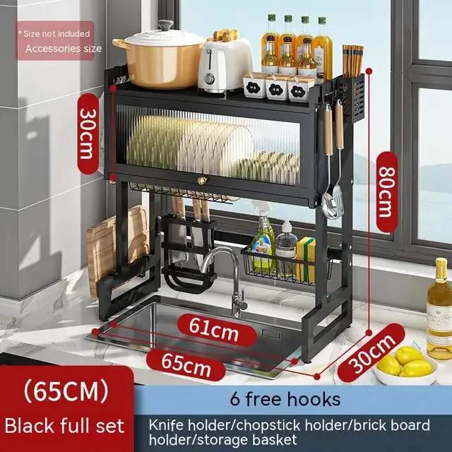 Kitchen Sink Cabinet Door Rack Countertop Sink Shelf with Door Dust-Proof Cutlery Cutting Board Drain Rack Bowl Plate Organizer