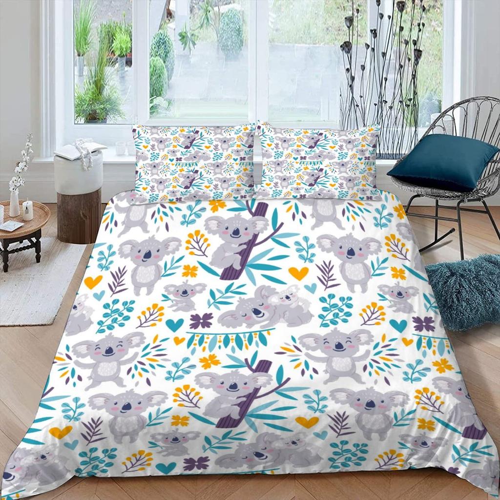 Cute Elephant Koala Duvet Cover Set Cartoon Animals Bedding Set Australia Tree Bear Quilt Cover Twin King for Kids Boys Girls