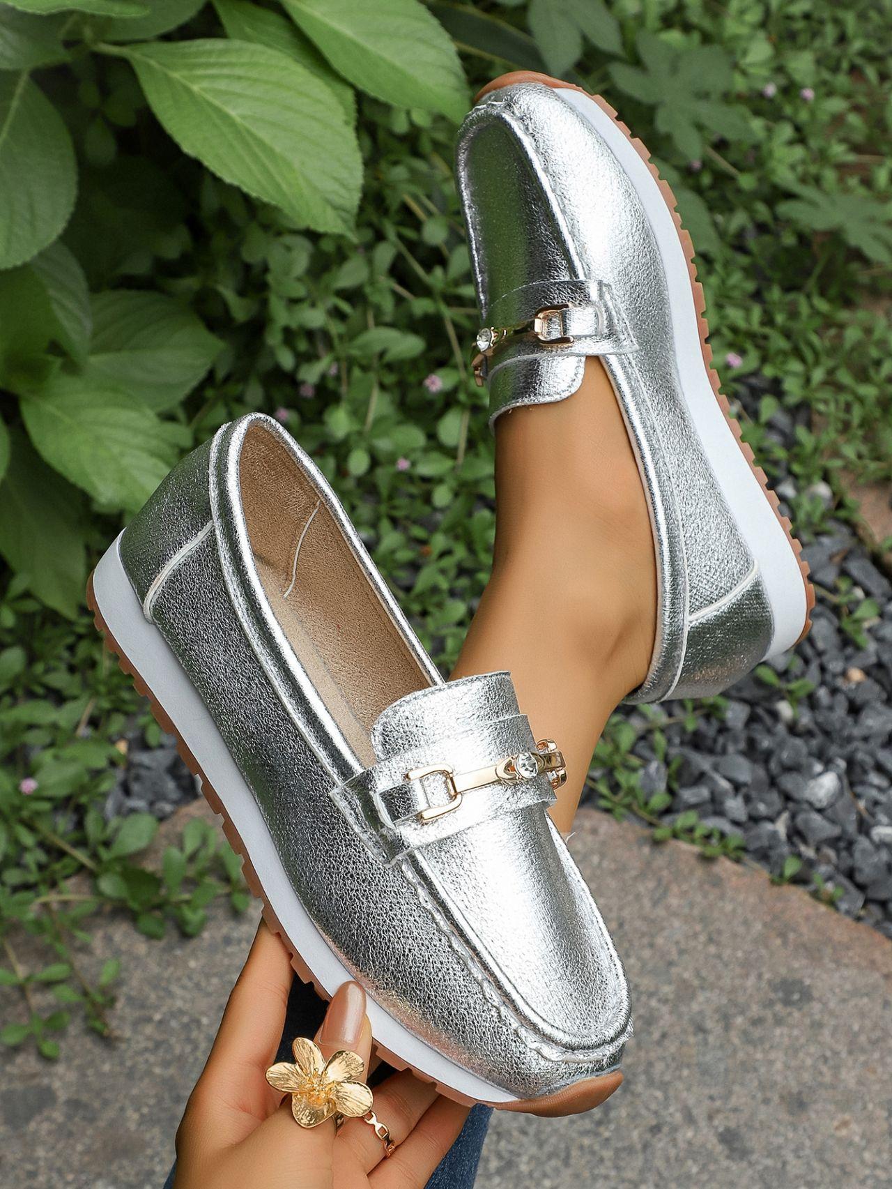 

Женская обувь больших размеров 2025 весна и осень новая обувь Doudou на мягкой подошве, туфли-лодочки на толстой подошве с мелким вырезом, лоферы на одной педали 43 серебряный